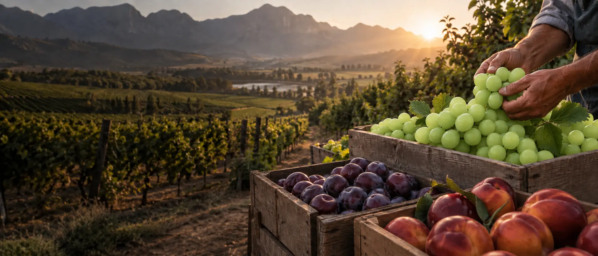 South African grower inspecting green table grapes beside crates of plums and nectarines